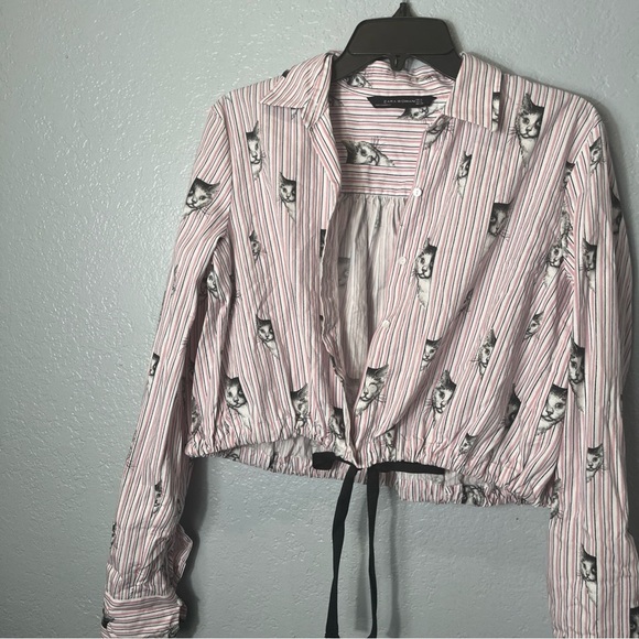 Zara White and Gray Crop Tie Front Blouse - Picture 4 of 6